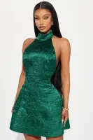 Elegant Satin Mini Dress – Turtleneck, Sleeveless & Open Back with Zipper – Cognac & Hunter Green – 100% Polyester(Hunter,XS)