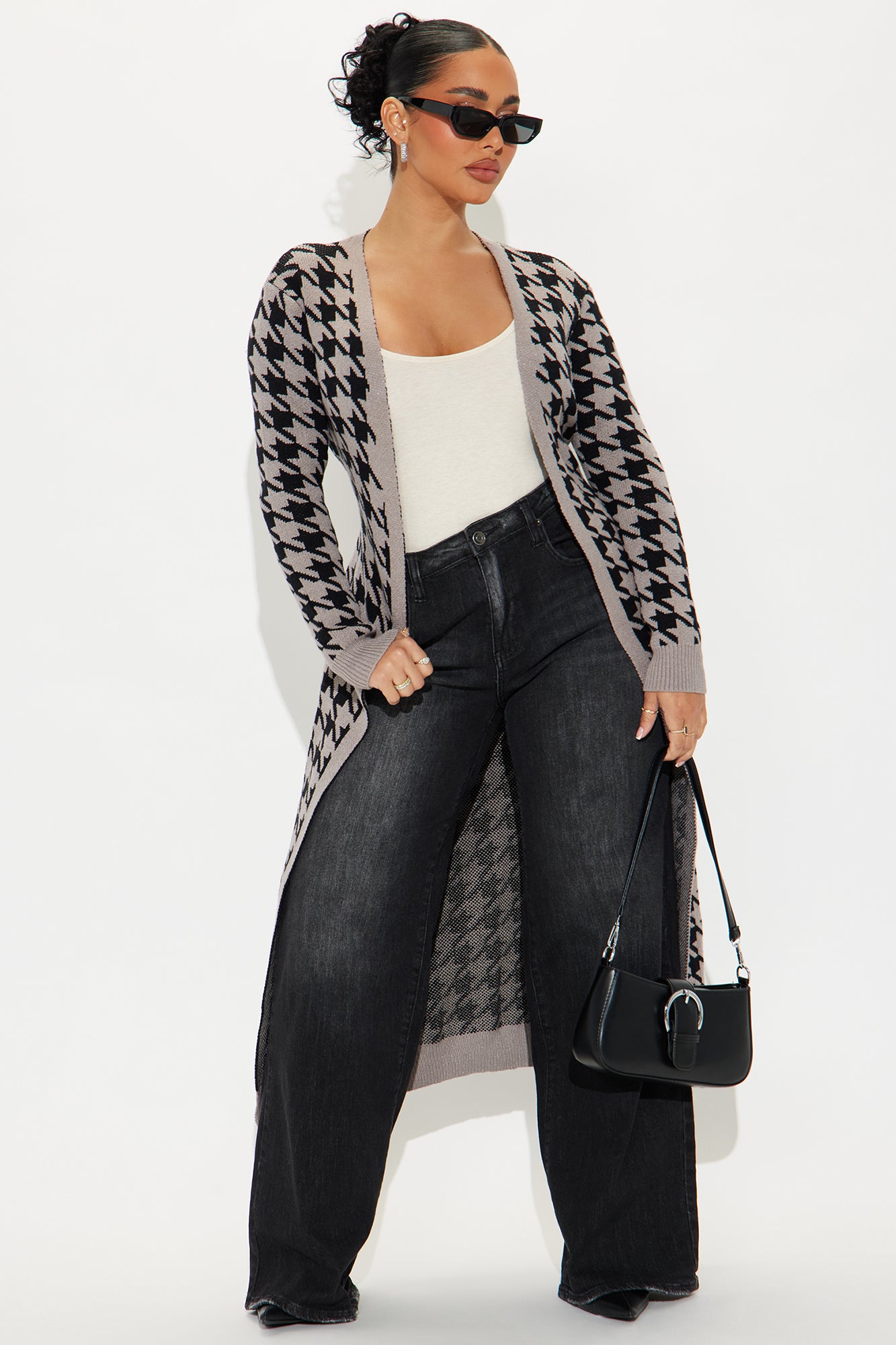 Elegant Belted Chevron Print Maxi Cardigan Sweater - Black/Grey, Long Sleeve, 52% Viscose Blend