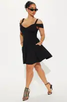 Sexy Black Cold Shoulder Mini Dress - V-Neck, Stretchy & Flirty