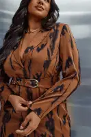 Elegant Brown Mini Blazer Dress with Belt & Long Sleeves – Stylish Button-Up Collar Design(Brown/combo,XS)