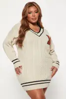 Oversized V-Neck Patch Detail Sweater Dress – Cream & Navy, Long Sleeve Mini Dress, Stretchy Acrylic(Cream,XS)
