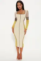 Elegant Cream/Combo Sweater Midi Dress - Long Sleeve Square Neck Stretch Viscose