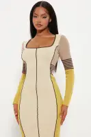Elegant Cream/Combo Sweater Midi Dress - Long Sleeve Square Neck Stretch Viscose(Cream/combo,XS)