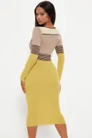 Elegant Cream/Combo Sweater Midi Dress - Long Sleeve Square Neck Stretch Viscose(Cream/combo,XS)
