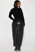 Elegant Mock Neck Long Sleeve Leather Maxi Dress with High Slit – Available in Camel & Black(Black,XS)