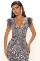 Sequin Maxi Dress with Feather Detail - Sleeveless Deep V-Neck in White, Silver, or Emerald(Silver,XS)