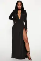 Sexy Black Maxi Spree Dress – Deep V Neck, Padded Shoulders & High Slit for a Stunning Look(Black,XS)