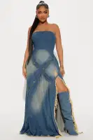 Strapless Denim Maxi Dress with High Slit & Side Zipper – 100% Cotton Stretch Fit