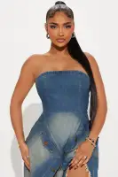 Strapless Denim Maxi Dress with High Slit & Side Zipper – 100% Cotton Stretch Fit(Denim,XS)