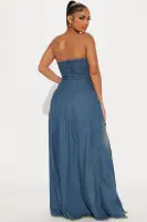 Strapless Denim Maxi Dress with High Slit & Side Zipper – 100% Cotton Stretch Fit(Denim,XS)