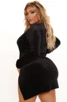 Sexy Black Sugar Velvet Mini Dress - Knot Waist V-Neck Long Sleeve Party Dress(Black,XS)