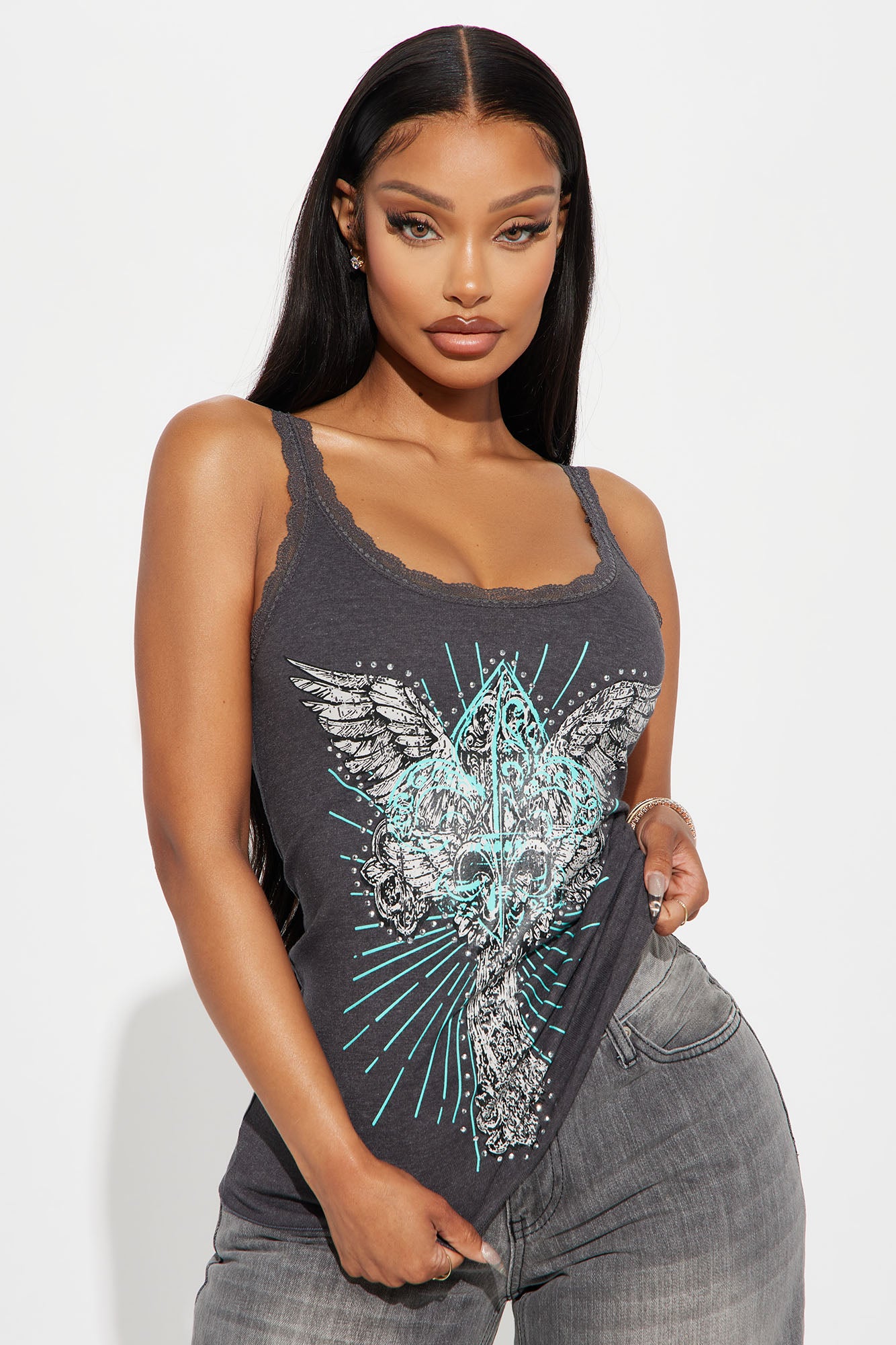 Black Washed Scoop Neck Lace Trim Top with Stone Detail - Fitted & Unique Wash