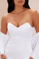 Elegant Strapless Satin Gown Set with Shawl – Sweetheart Neckline & Lace-Up Back(White,XS)