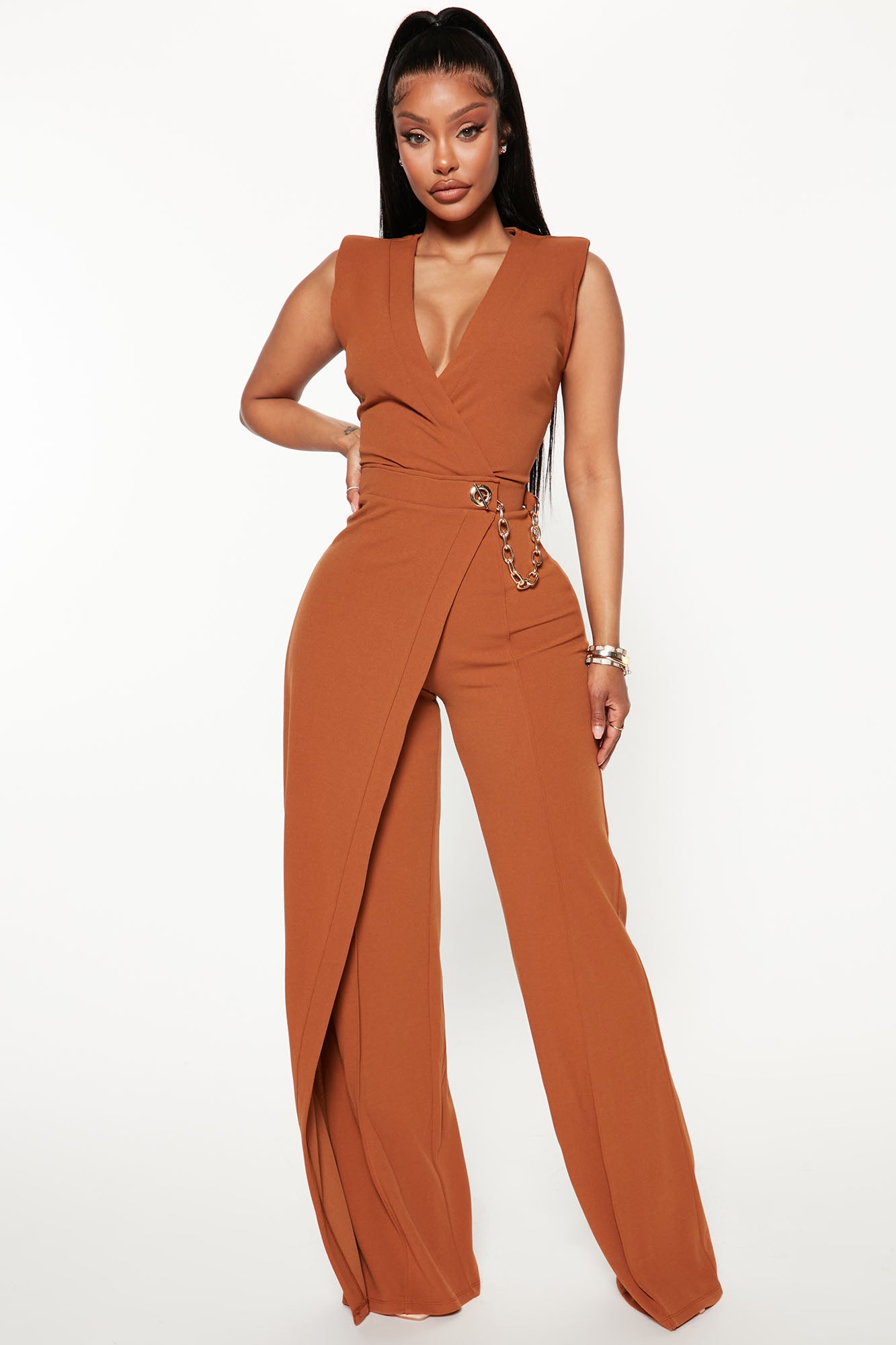 Sleeveless V-Neck Shoulder Pad Draped Side Wide Leg Invisible Zipper Jumpsuit