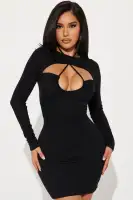 Textured Mini Dress with Ruched Bust & Halter Detail - Black & Brown