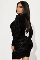 Elegant Velvet Mini Dress - Long Sleeves, Mock Neck & Ruched Detail - Black & Wine(Black,XS)