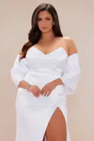 Elegant Strapless Satin Gown Set with Shawl – Sweetheart Neckline & Lace-Up Back(White,XS)