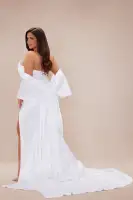 Elegant Strapless Satin Gown Set with Shawl – Sweetheart Neckline & Lace-Up Back(White,XS)
