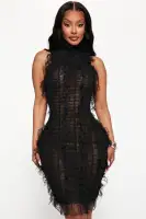 Black Mesh Mini Dress - Sleeveless Mock Neck with Smocked Shaggy Detail, Stretchy Polyester Blend