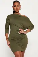 Stylish Off-Shoulder Mini Dress - 3/4 Sleeve, Stretchy Polyester/Spandex Blend - Blue, Olive, Black