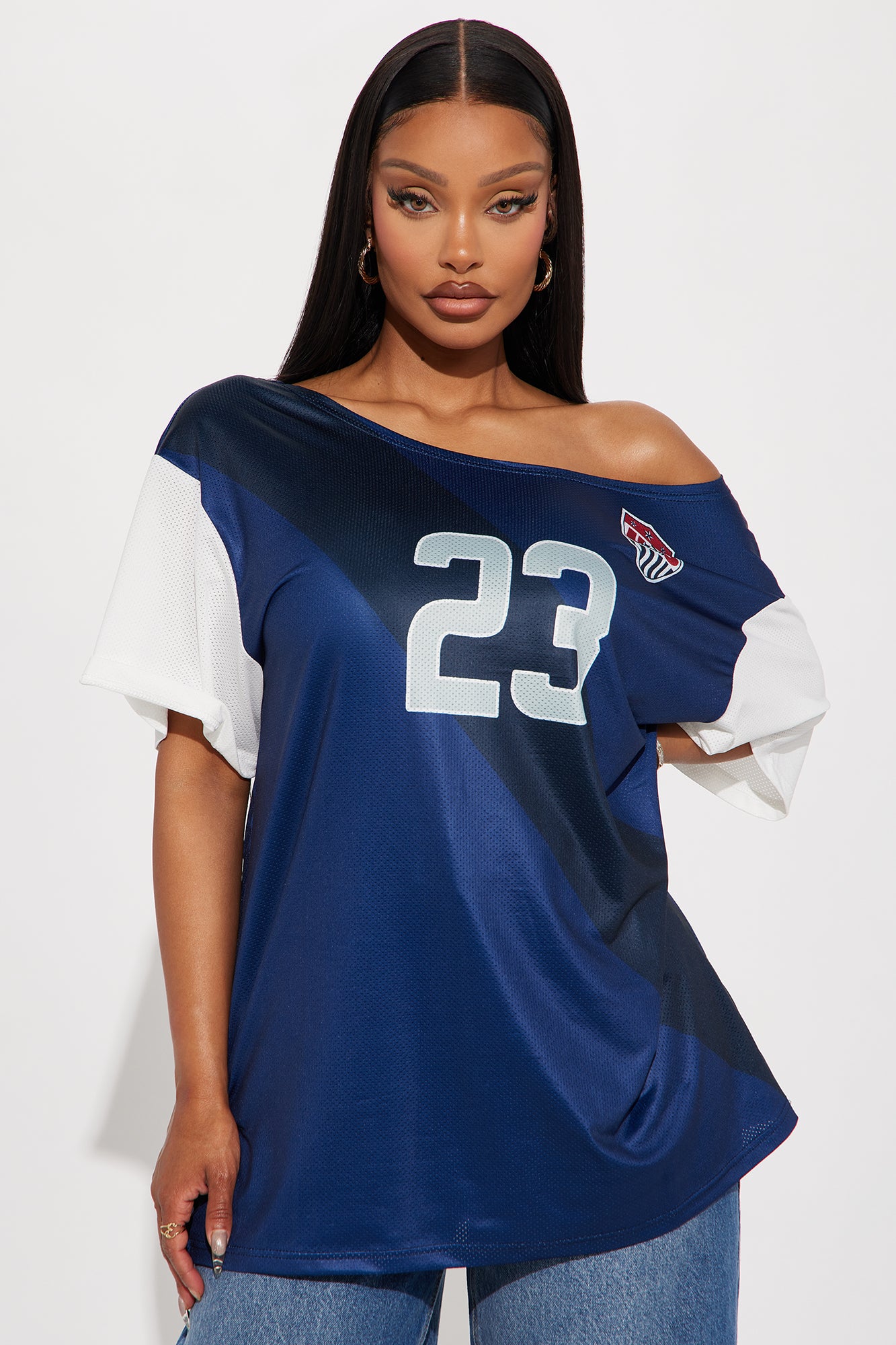 Stylish Off-Shoulder Jersey Short Sleeve Top – Navy/Combo, Stretchy & Screen Printed