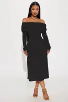 Elegant Off-Shoulder Midi Dress with Long Sleeves – Stretchy & Comfortable in Khaki & Black