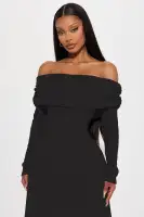 Elegant Off-Shoulder Midi Dress with Long Sleeves – Stretchy & Comfortable in Khaki & Black(Black,XS)