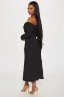 Elegant Off-Shoulder Midi Dress with Long Sleeves – Stretchy & Comfortable in Khaki & Black(Black,XS)