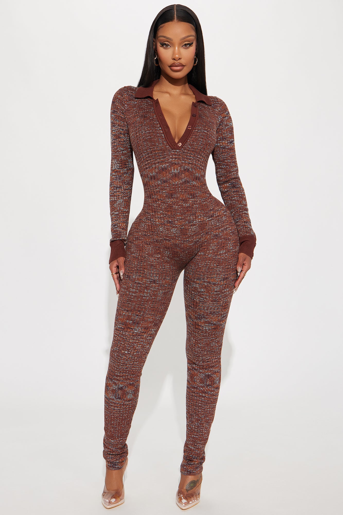 Sweater Jumpsuit Long Sleeve Collar Skinny Leg Stretch Imported