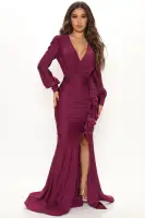 Elegant Purple Maxi Dress with Puff Sleeves & High Slit – Ruched Ruffle Detail & Mermaid Hem