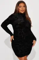 Elegant Velvet Mini Dress - Long Sleeves, Mock Neck & Ruched Detail - Black & Wine(Black,XS)