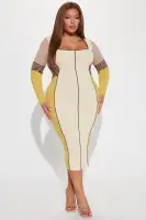 Elegant Cream/Combo Sweater Midi Dress - Long Sleeve Square Neck Stretch Viscose(Cream/combo,XS)