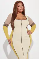 Elegant Cream/Combo Sweater Midi Dress - Long Sleeve Square Neck Stretch Viscose(Cream/combo,XS)