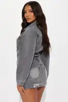 Distressed Denim Mini Dress - Black Wash, Long Sleeve with Button-Up & Pockets(Black Wash,XS)