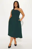Sexy One Shoulder Mini Dress with Pockets - Red & Hunter Green, Stretchy Pleated Design(Hunter,XS)
