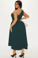 Sexy One Shoulder Mini Dress with Pockets - Red & Hunter Green, Stretchy Pleated Design(Hunter,XS)