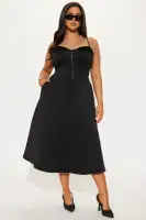 Elegant Black Corset Midi Dress with V-Neck & Spaghetti Straps – Stretchy, Pockets & Back Zipper(Black,XS)