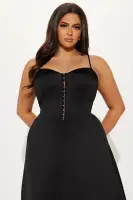 Elegant Black Corset Midi Dress with V-Neck & Spaghetti Straps – Stretchy, Pockets & Back Zipper(Black,XS)