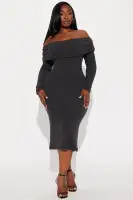 Elegant Off-Shoulder Midi Dress with Long Sleeves – Stretchy & Comfortable in Khaki & Black(Black,XS)
