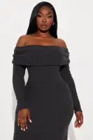 Elegant Off-Shoulder Midi Dress with Long Sleeves – Stretchy & Comfortable in Khaki & Black(Black,XS)