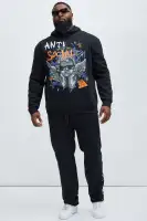 Black Drawstring Long Sleeve Screen Printed Cotton-Polyester Hoodie(Black,S)