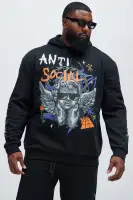 Black Drawstring Long Sleeve Screen Printed Cotton-Polyester Hoodie(Black,S)