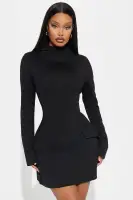 Elegant Black Ponte Mini Dress with Mock Neckline & Long Sleeves – Back Zipper & Faux Pockets