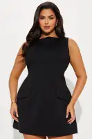 Chic Boat Neck Mini Dress - Black & Mocha, Sleeveless with Faux Pockets & Back Zipper(Black,XS)