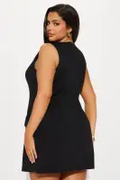 Chic Boat Neck Mini Dress - Black & Mocha, Sleeveless with Faux Pockets & Back Zipper(Black,XS)