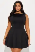 Elegant Pleated Mini Dress - Boat Neck Sleeveless with Back Zipper, Stretchy Polyester Blend, Black & Cream Options(Black,XS)
