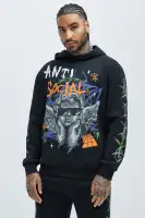 Black Drawstring Long Sleeve Screen Printed Cotton-Polyester Hoodie