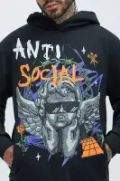 Black Drawstring Long Sleeve Screen Printed Cotton-Polyester Hoodie(Black,S)