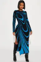Abstract Print High Neck Sweater Maxi Dress - Long Sleeve Stretch Combo (Orange/Blue)