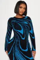 Abstract Print High Neck Sweater Maxi Dress - Long Sleeve Stretch Combo (Orange/Blue)(Blue/combo,XS)